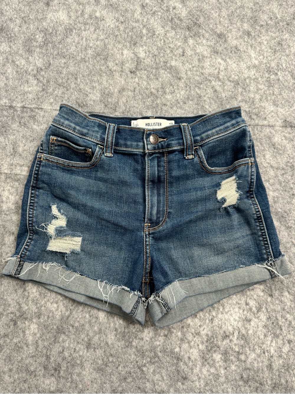 Hollister Women's Mid-Blue Distressed Rolled Hem Denim Shorts